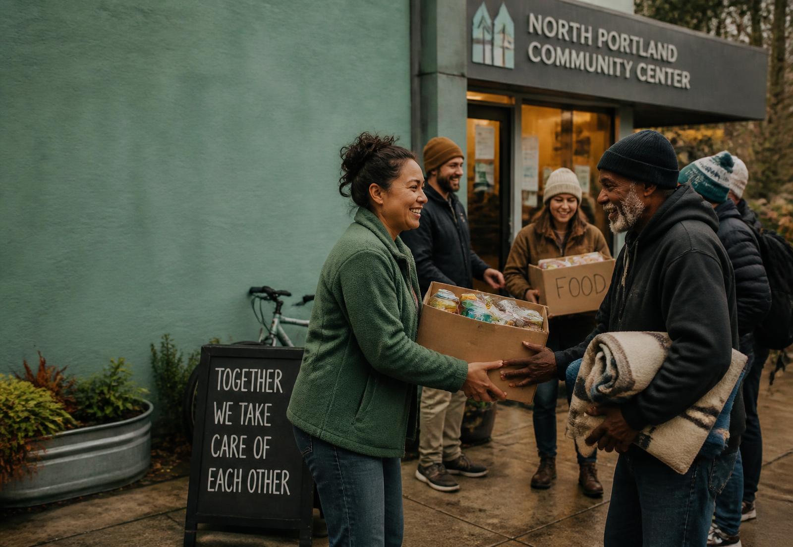 Neighbors handing boxes of food and blankets to each other outside a Portland community center